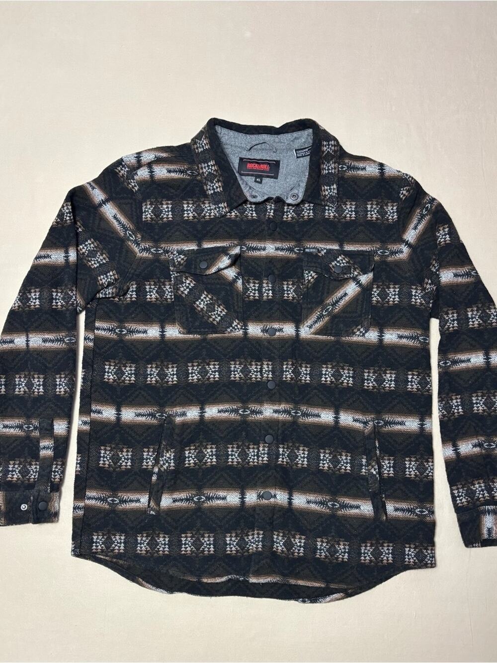 Rock & Roll Denim Black & Brown Patterned Lightweight Shirt Jacket Men's Size XL